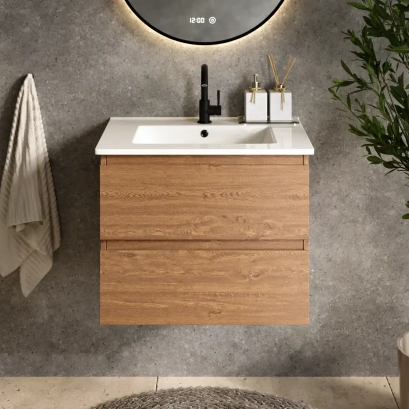 Badezimmermöbel Norvi - 60 cm - Warme Eiche - Weißes Waschbecken