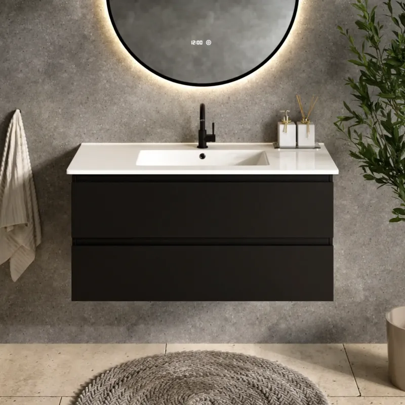 Badezimmermöbel Varo – 100 cm – Schwarz - Weißes Waschbecken