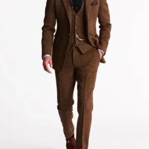 Classic Tweed Three Piece Suit Brown Herringbone Wool Blend - Product showcase