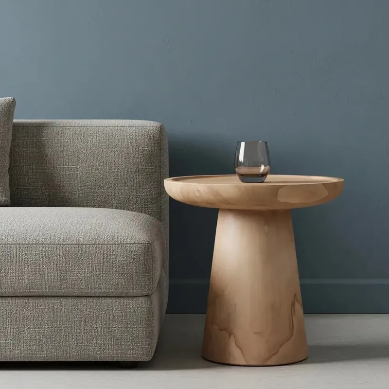 Runder Holz Sofatisch natur neben Couch – Nero Ray Teakholz