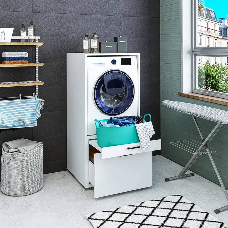 Waschmaschinenschrank SERIE 2 in Weiß mit Ausziehbrett und Schublade