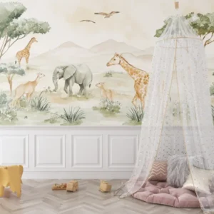 Safari animals wallpaper mural in cozy nursery with natural light showing gentle watercolor elephant and giraffe