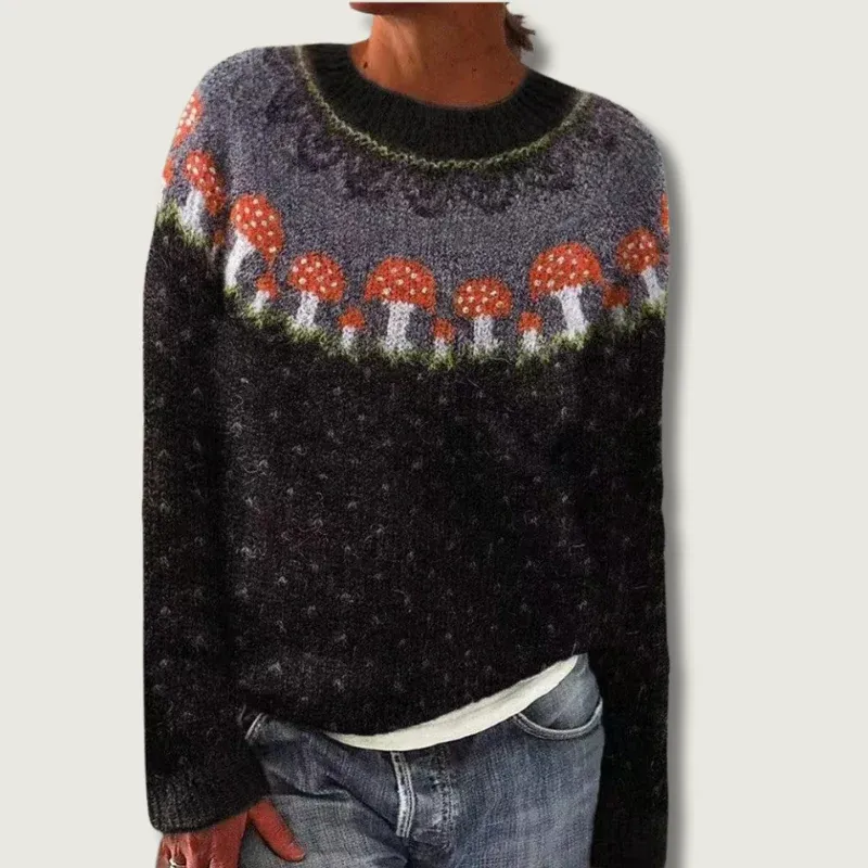 Nordic Mushroom Sweater Wool Blend Fair Isle Pattern - Product showcase