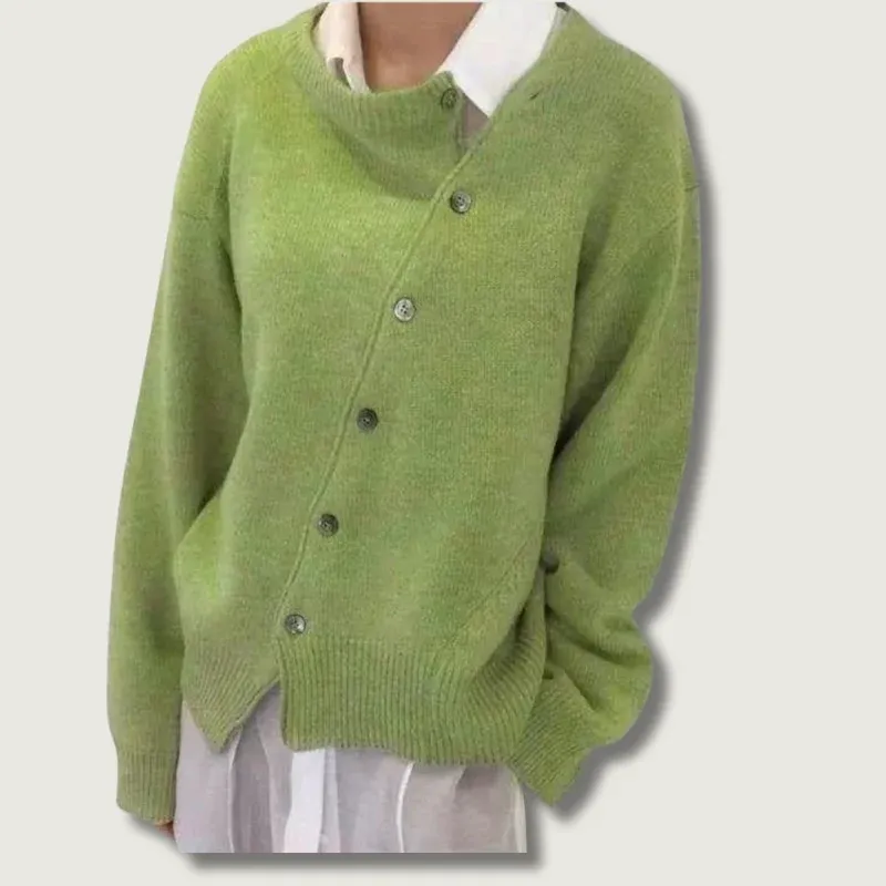 Cashmere Knit Cardigan Asymmetric Button Design - Product showcase