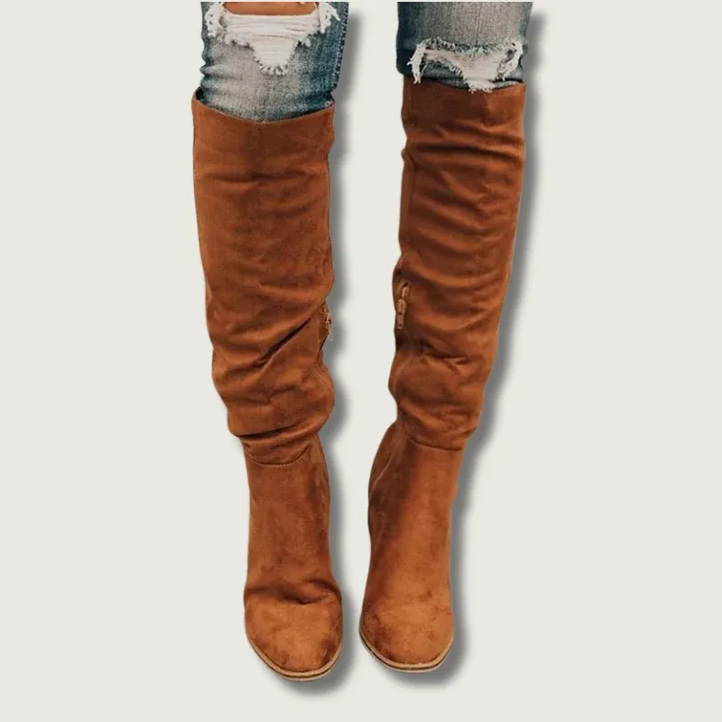Suede Knee High Boots Cognac Brown Slouchy Design - Product showcase