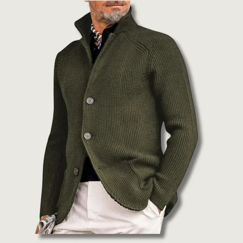 Ribbed Knit Cardigan Olive Green Military Style - Product showcase