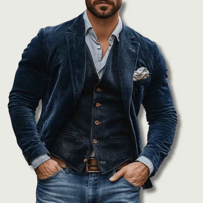 Classic Corduroy Blazer Set Navy Two-Piece With Vest - Product showcase