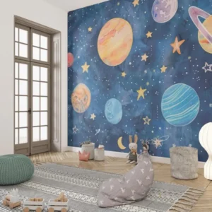 Space wallpaper mural creating a magical atmosphere in a modern kids bedroom with rocket-themed decor