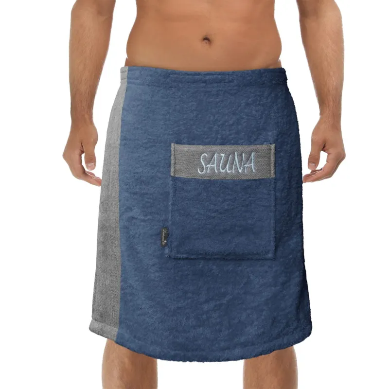 Saunakilt Herren 55x140 cm | Lima Saunahandtuch mit Klettverschluss Blau – Jeans