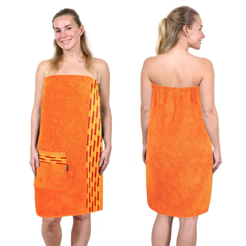 Saunakilt Damen 75x150 cm, Lugano Saunahandtuch mit Knöpfen Orange - Blutorange