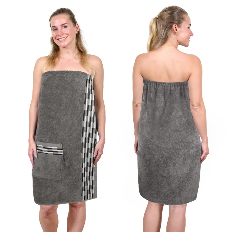Saunakilt Damen 75x150 cm, Lugano Saunahandtuch mit Knöpfen Grau - Dunkelgrau