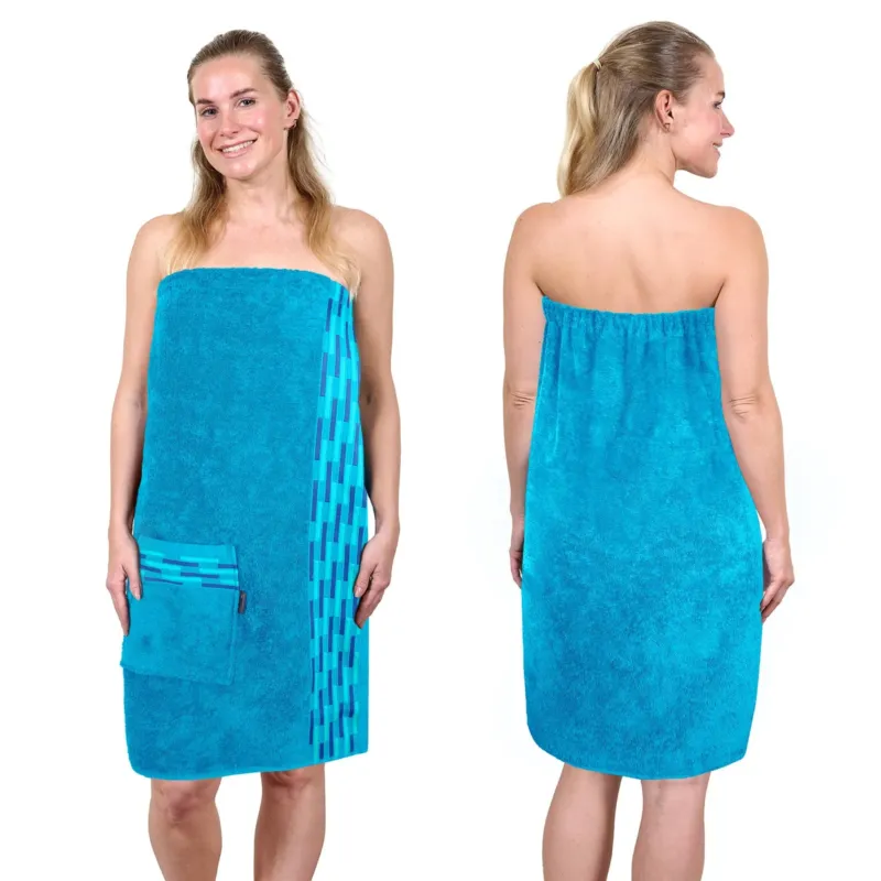 Saunakilt Damen 75x150 cm, Lugano Saunahandtuch mit Knöpfen Blau - Aquamarin