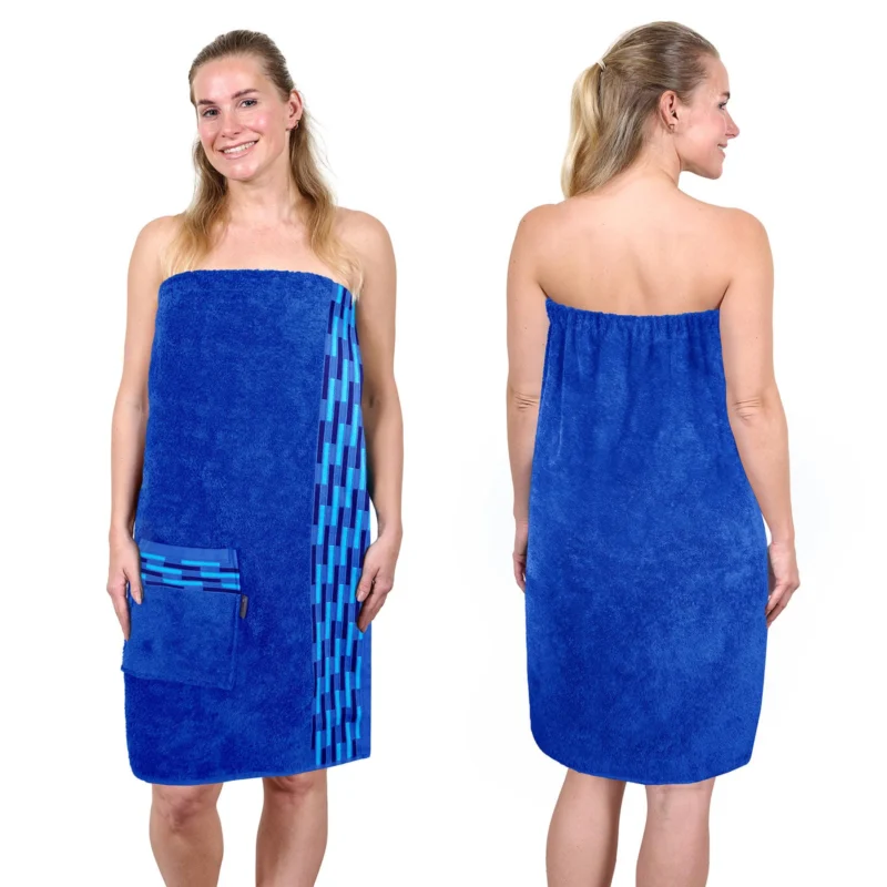 Saunakilt Damen 75x150 cm, Lugano Saunahandtuch mit Knöpfen Blau - Königsblau