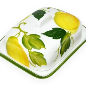 Handgemachte Kleine Butterdose aus Bemalter Italienischer Keramik im Zitronendesign, Butterglocke Größe 12x9 cm