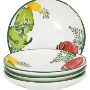 Essteller 4er Set Keramik, Nudelteller bunt Gemüse, Servierteller rund 19 cm Ø