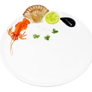 Handgemachter Platzteller aus Italienischer Keramik im Meeresfrüchte Design, Runder Fischteller 25 cm