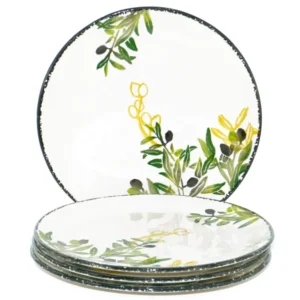 Keramik Teller Set Olive grün, bemalte Essteller 4er Set rund Ø 25 cm