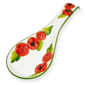 Handgemachte Löffelablage aus Italienischer Keramik, Reliefdekor im Tomaten Design