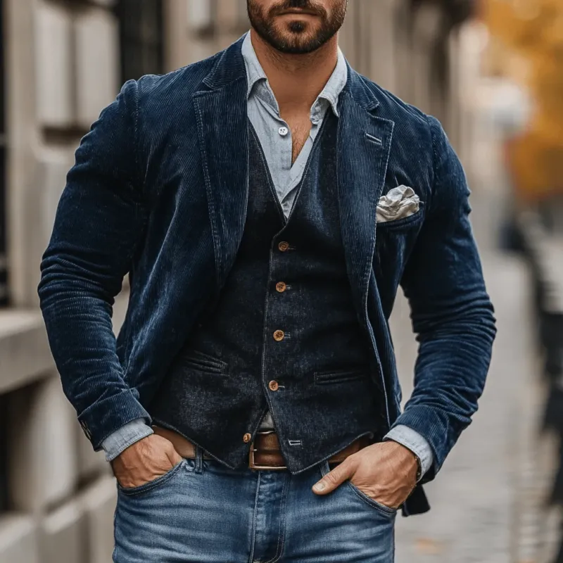 Classic Corduroy Blazer Set Navy Two-Piece With Vest - Detailed view