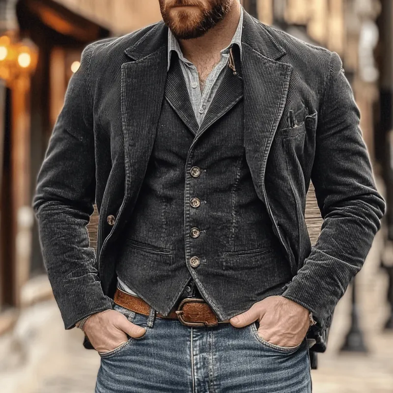 Classic Corduroy Blazer Set Navy Two-Piece With Vest - Product example