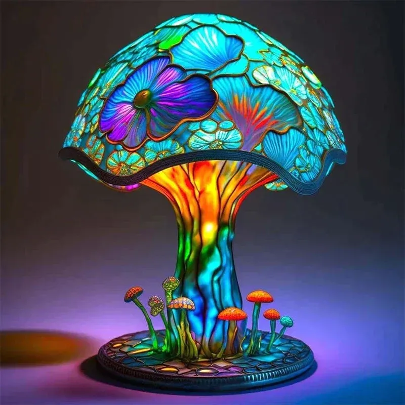 Stained Glass Table Lamp Mushroom Floral Art Design - Product showcase