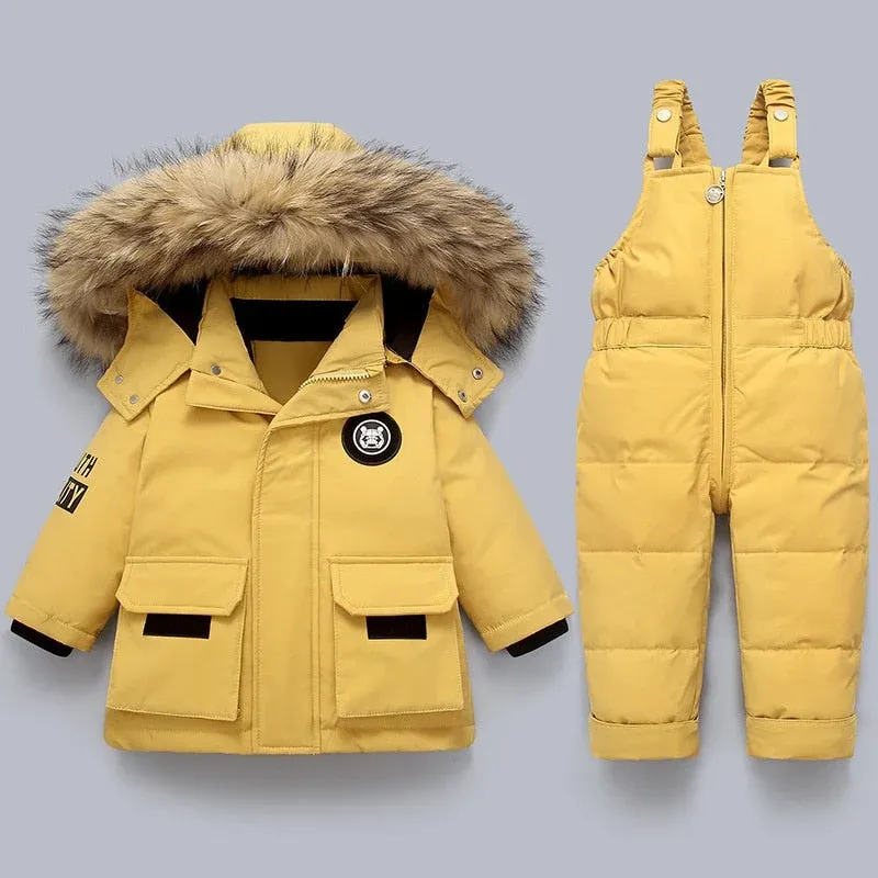 Kids Winter Snow Set Insulated Jacket with Fur Hood Overalls - Product showcase