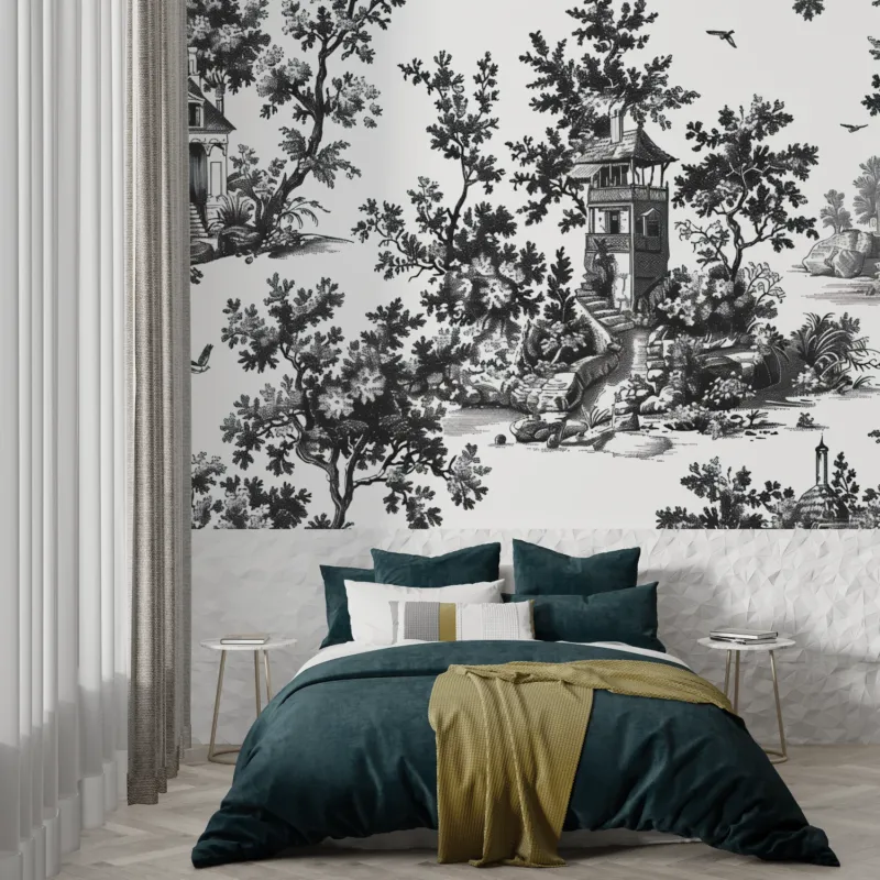 Black and white toile de jouy wallpaper in an elegant dining room with crystal chandelier