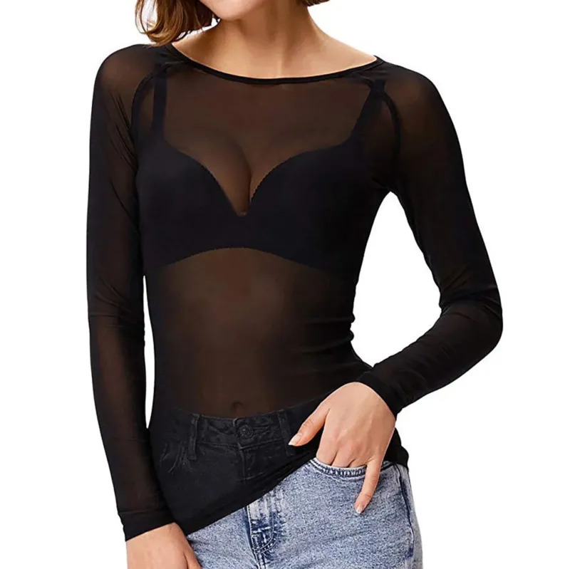 Sheer Mesh Top Long Sleeve Transparent Design - Product showcase