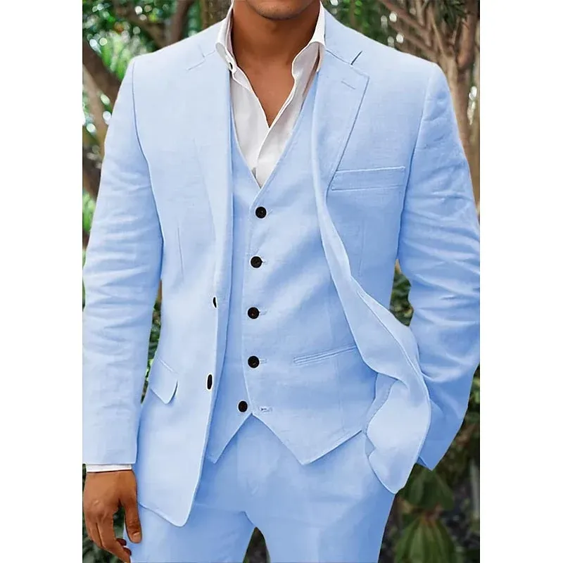 Linen Three Piece Suit Light Blue Summer Formal Wear - Product showcase
